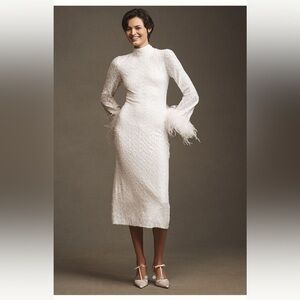 XS Long-Sleeve Mock-Neck Faux-Feather Sequin Column Midi Dress